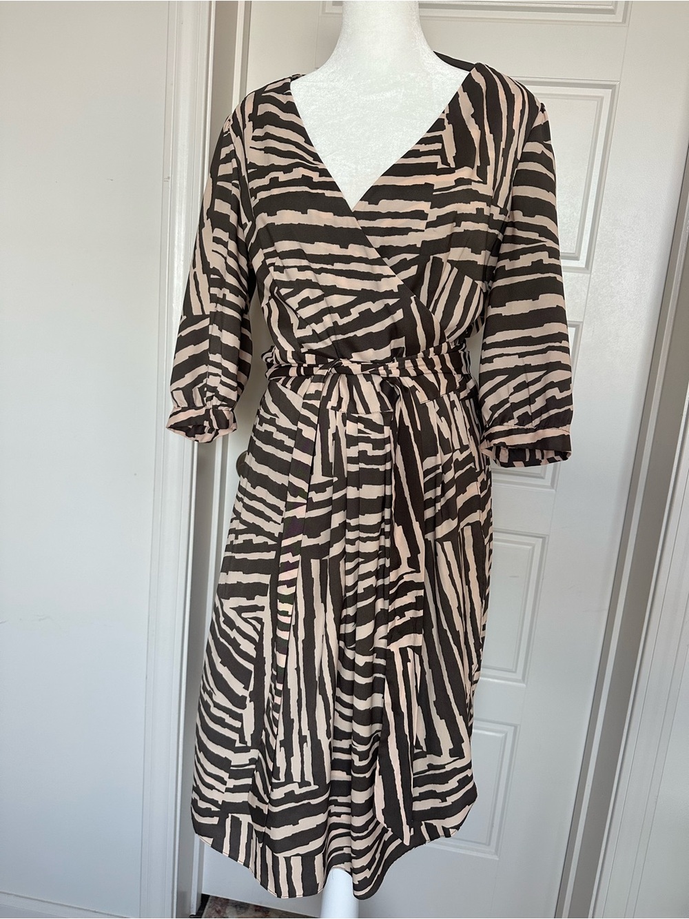 Banana Republic Beige and Black Abstract-Striped Wrap Midi Dress
